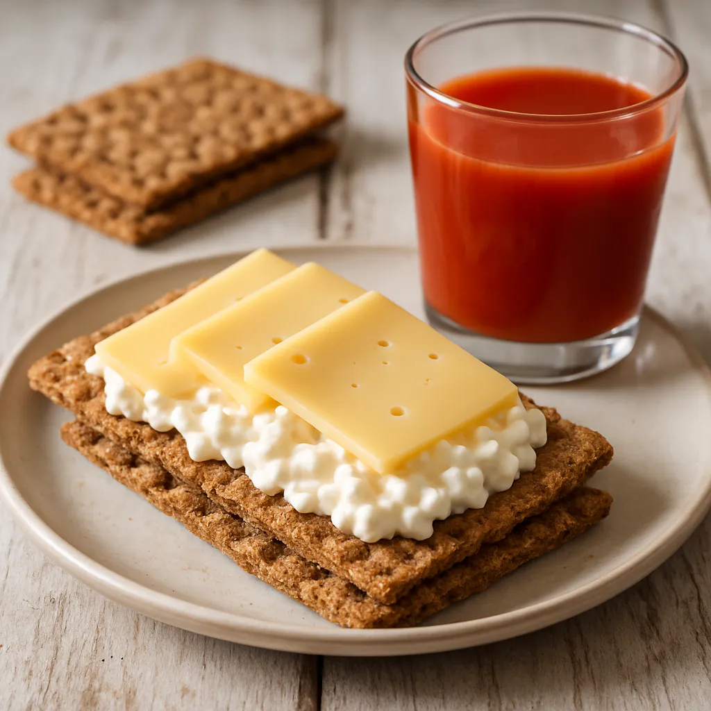 Knäckebrot-Käse-Snack mit Tomatensaft