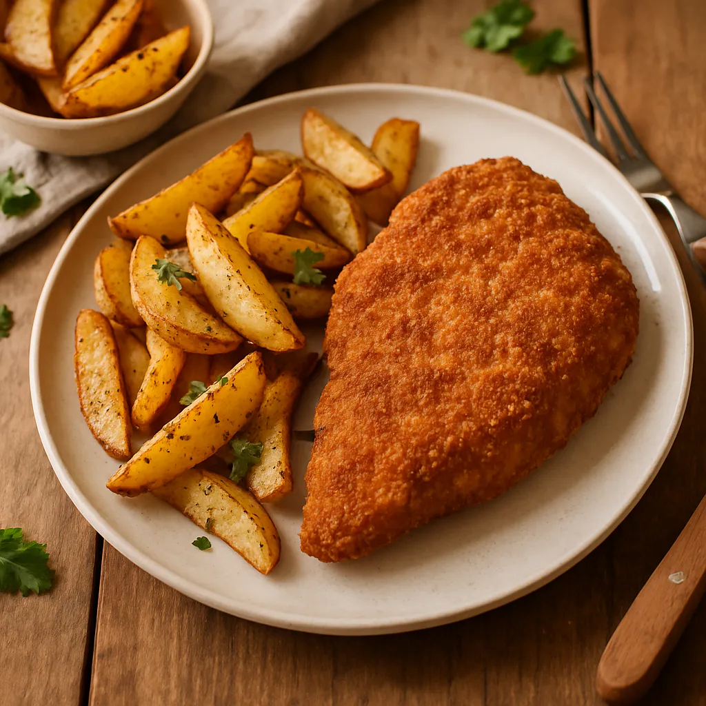 Knuspriges Hähnchen-Schnitzel mit Kartoffelspalten