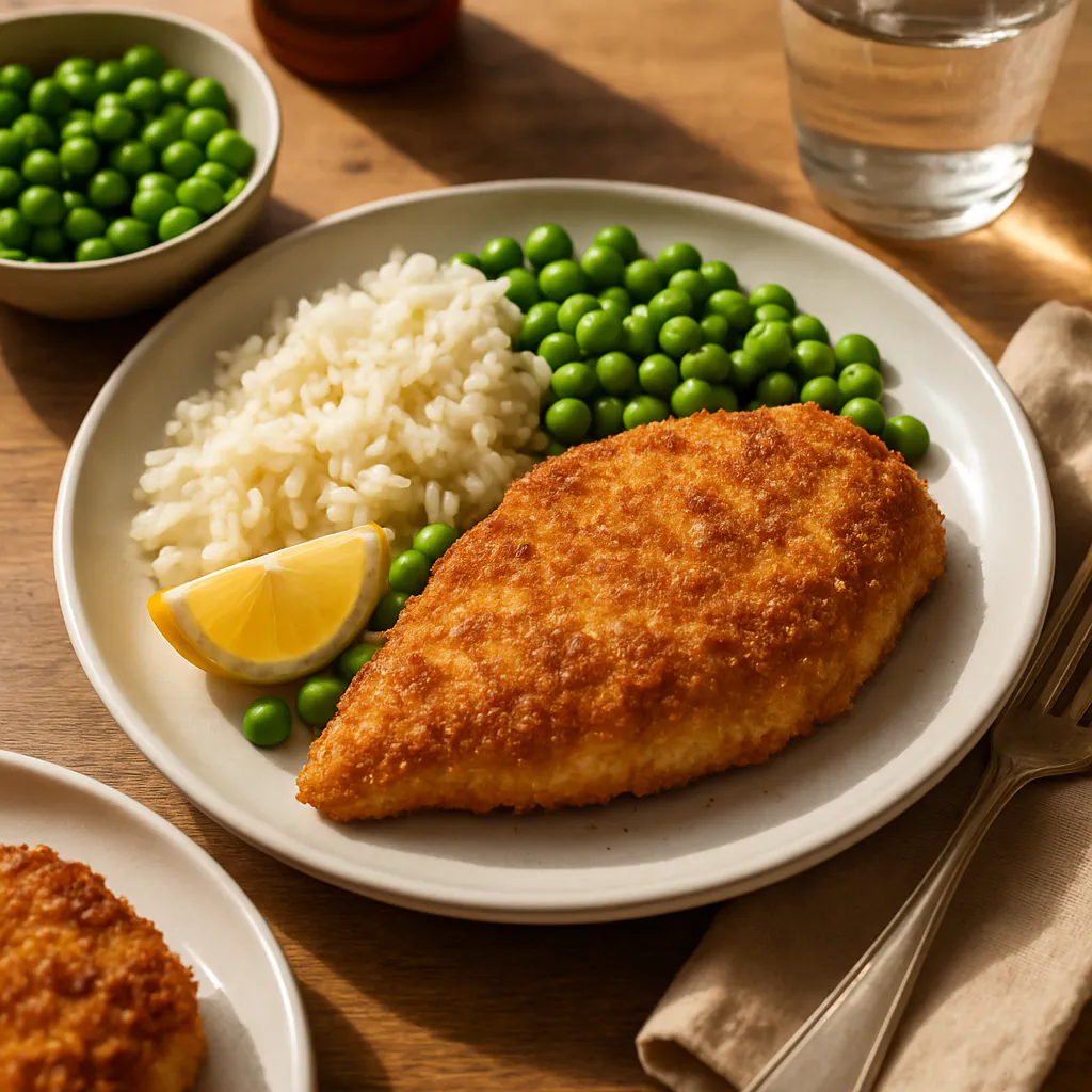Knuspriges Hähnchenschnitzel mit Reis und Erbsen