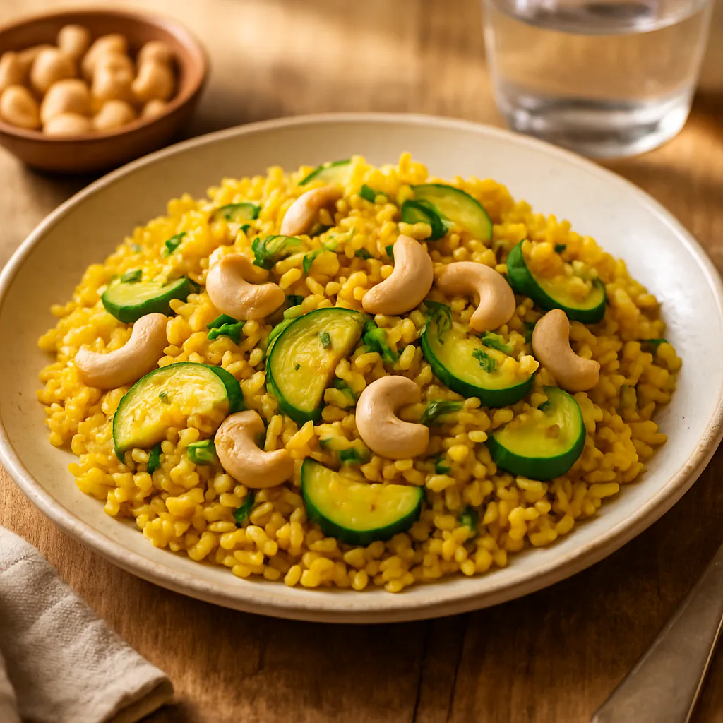 Kurkuma-Reis mit Zucchini und Cashewkernen