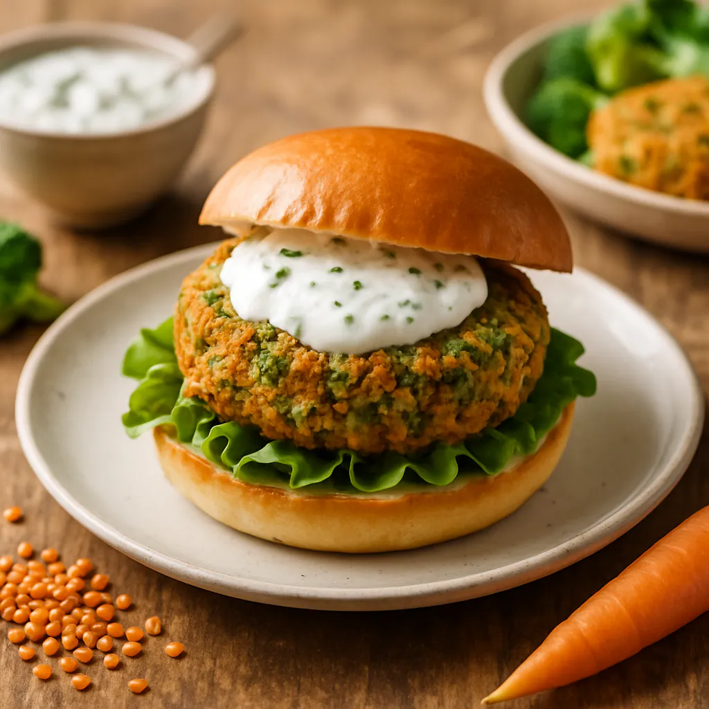 Linsen-Brokkoli-Burger mit Joghurt-Sauce