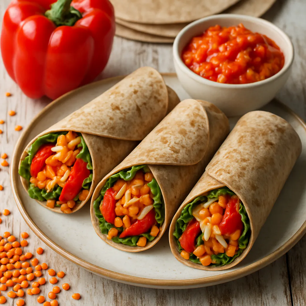 Linsen-Wraps mit mildem Paprika-Apfel-Dip