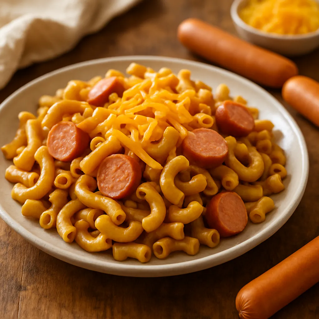 Maccheroni mit Käse und Würstchen