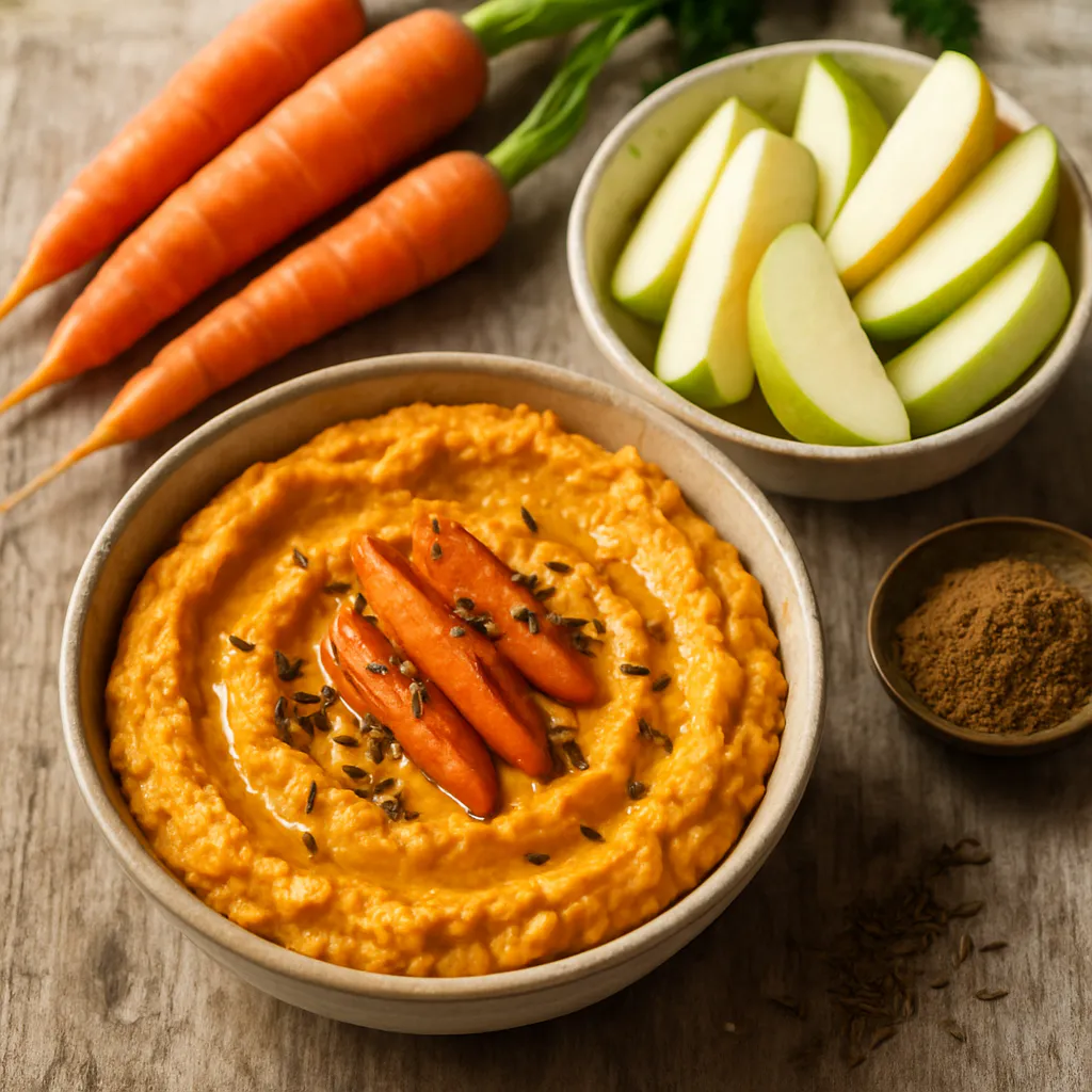 Marokkanische Karotten-Hummus-Dip mit Apfelsticks