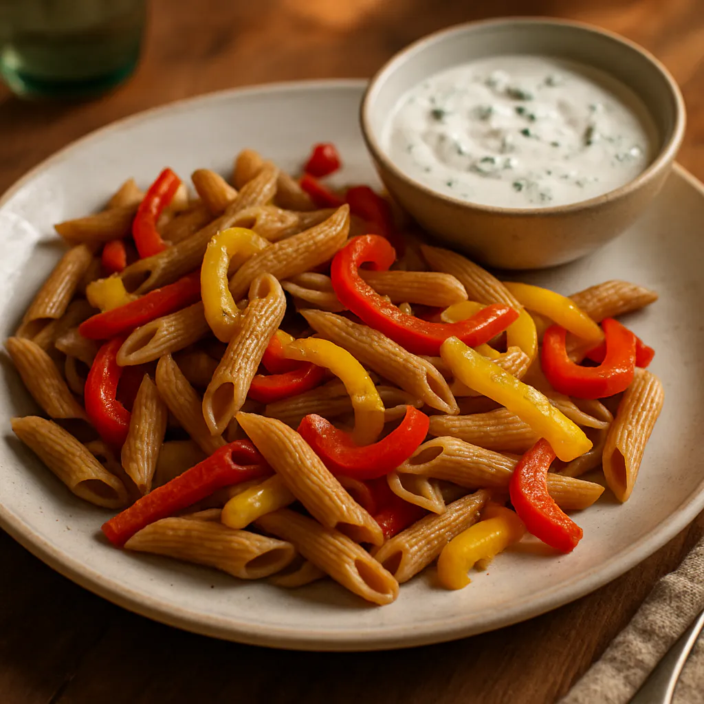 Mediterrane Vollkorn-Pasta mit Paprika und Joghurt-Dip