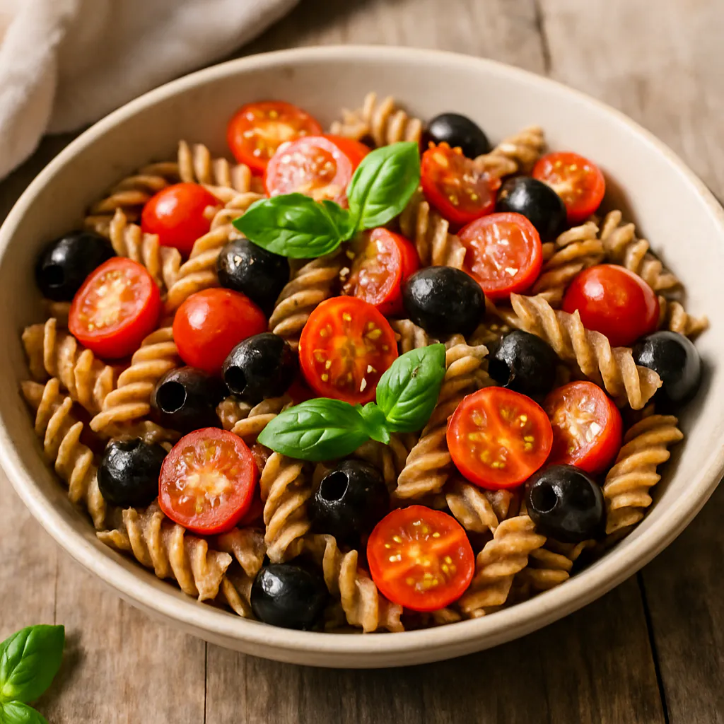 Mediterraner Vollkornnudel-Salat mit Kirschtomaten und Oliven