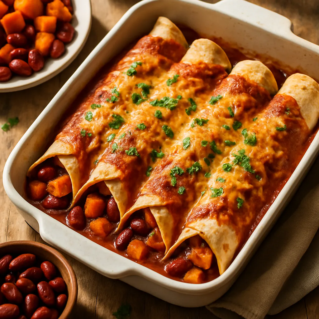 Mexikanische Süßkartoffel- und Bohnen-Enchiladas mit mildem Käse