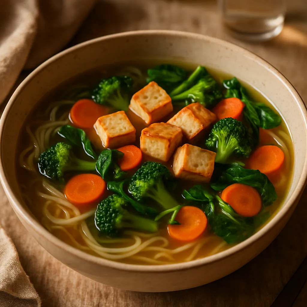 Milchfreie Reisnudel-Suppe mit Gemüse und Tofu