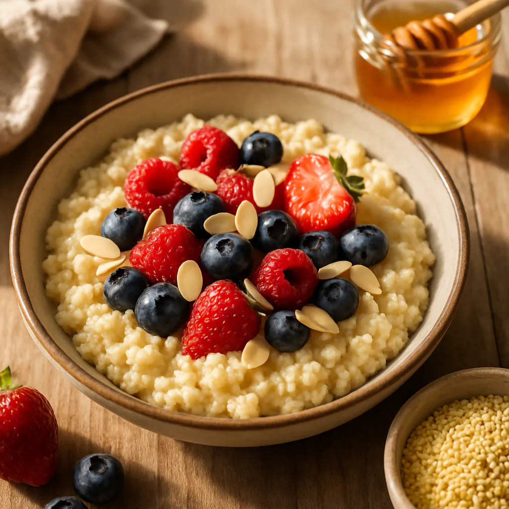 Milchfreier Hirsebrei mit Beeren und Mandeln