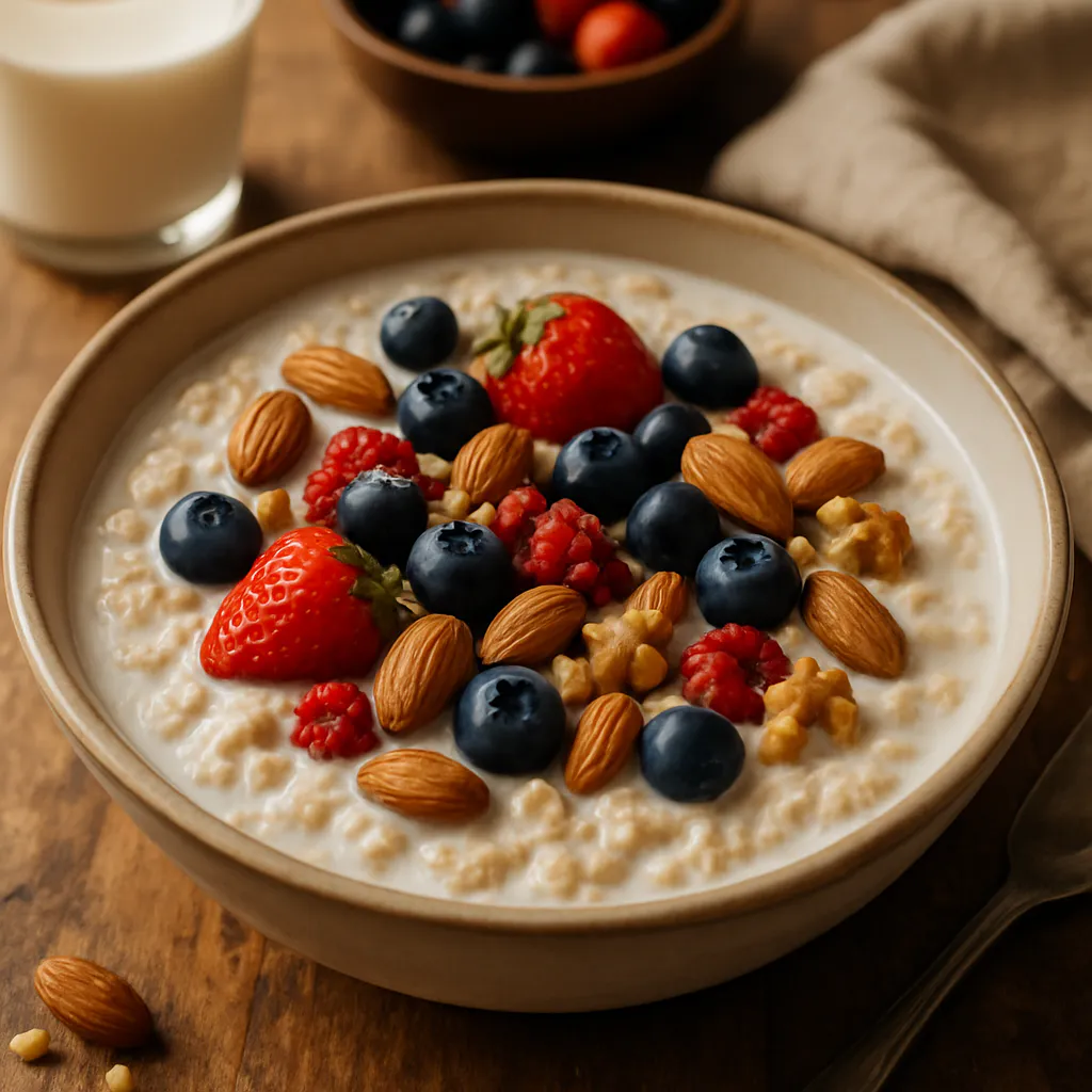 Milchfreier Kokos-Oatmeal mit Beeren und Nüssen