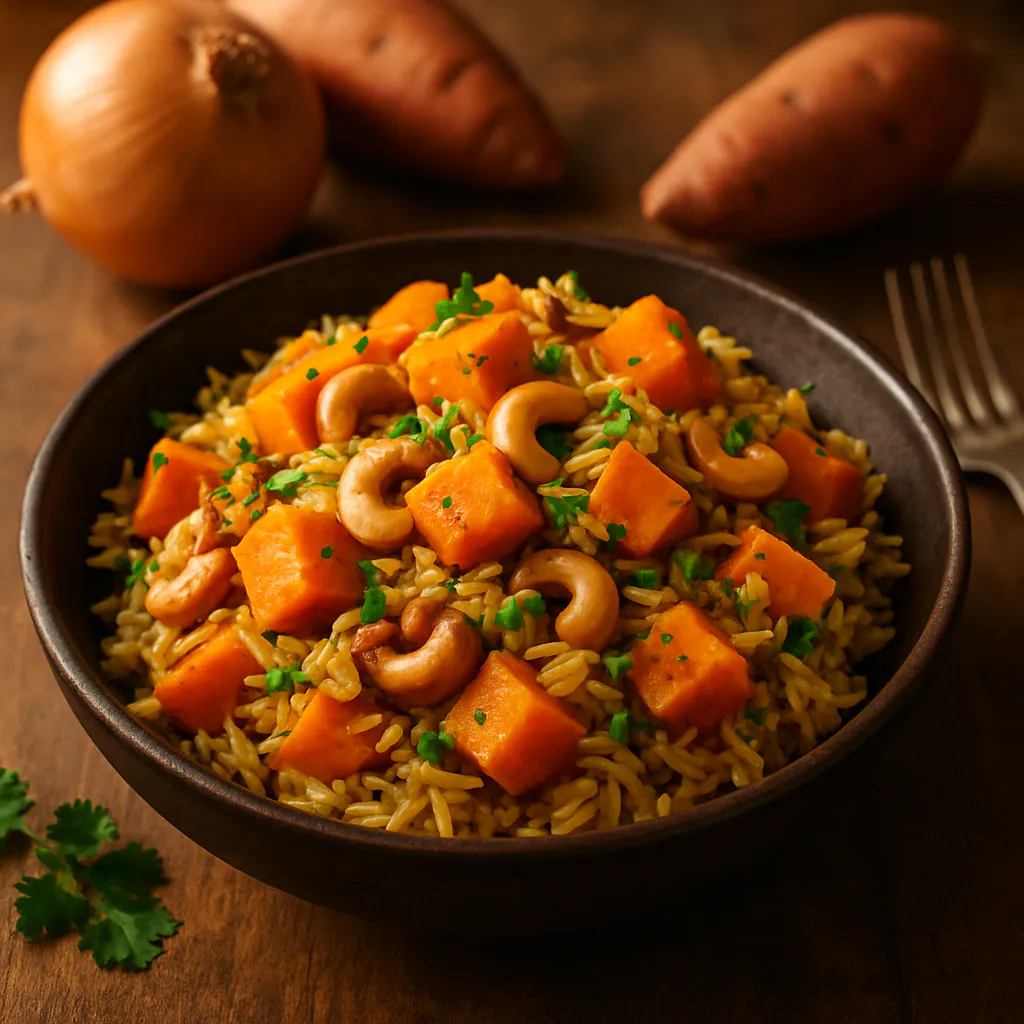 Milchfreier Süßkartoffel-Biryani mit Cashew-Nüssen