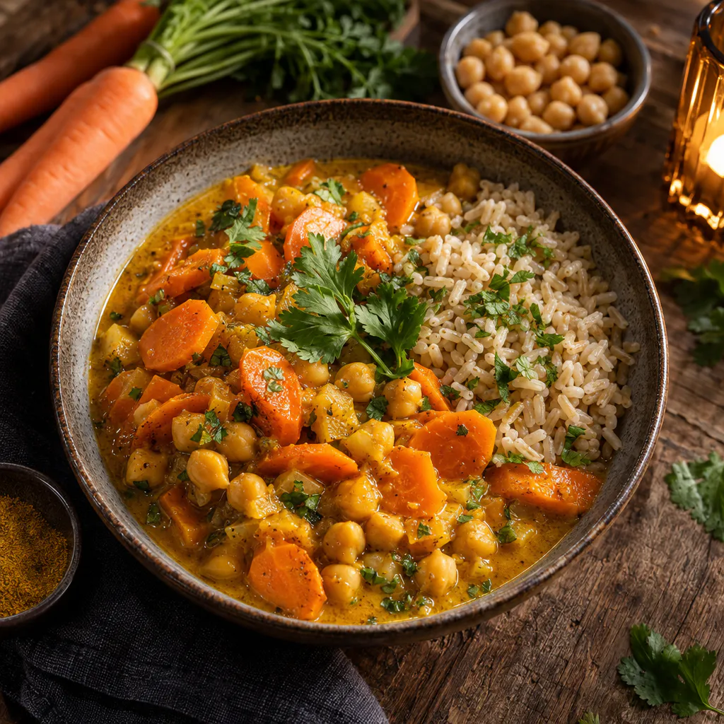Milchfreies Möhren-Curry mit Kichererbsen und Reis