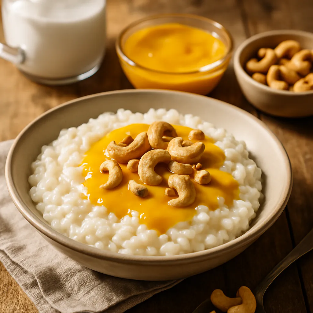 Milchreis mit Kokos-Mangosoße und Cashew-Kernen