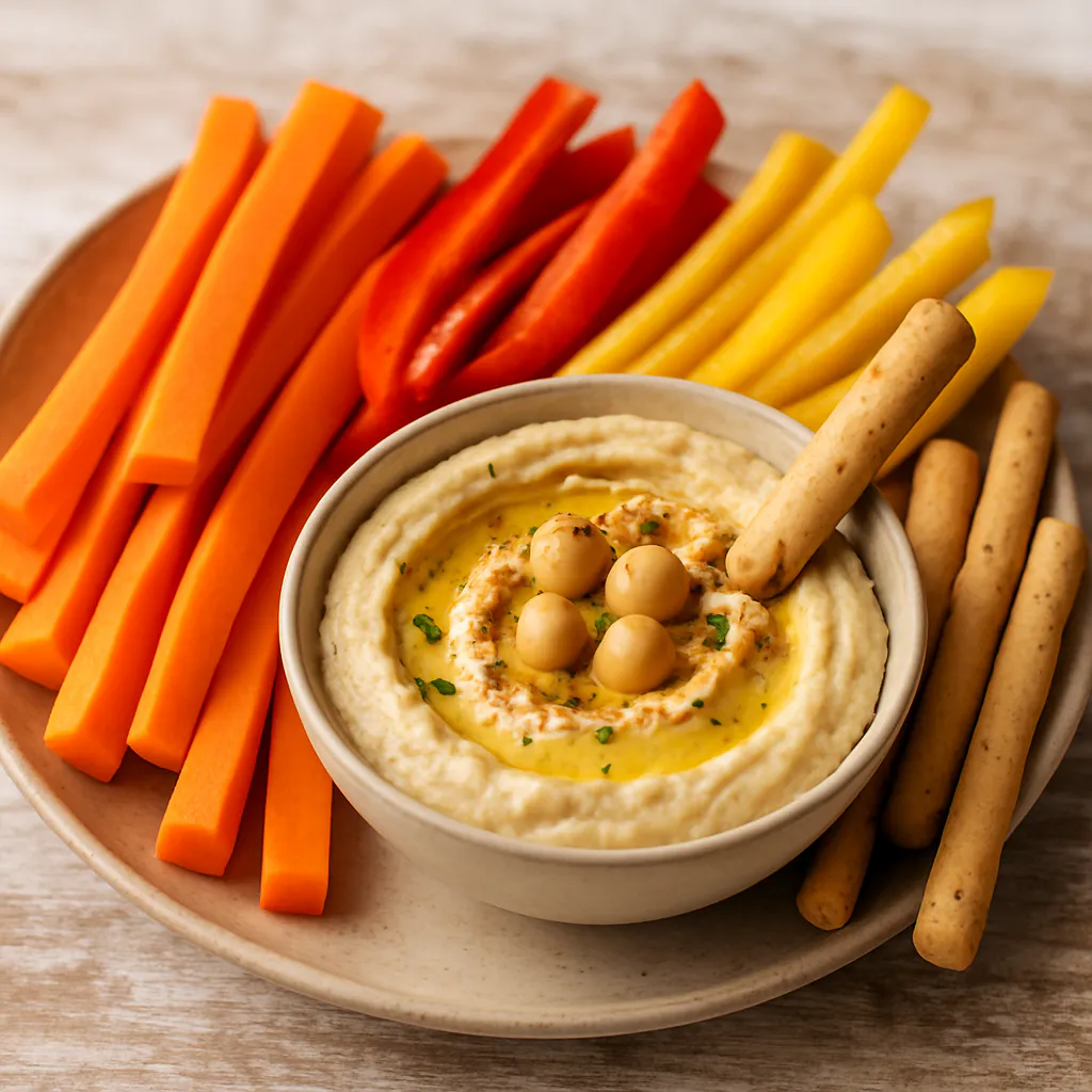 Milde Hummus-Sticks mit buntem Gemüse