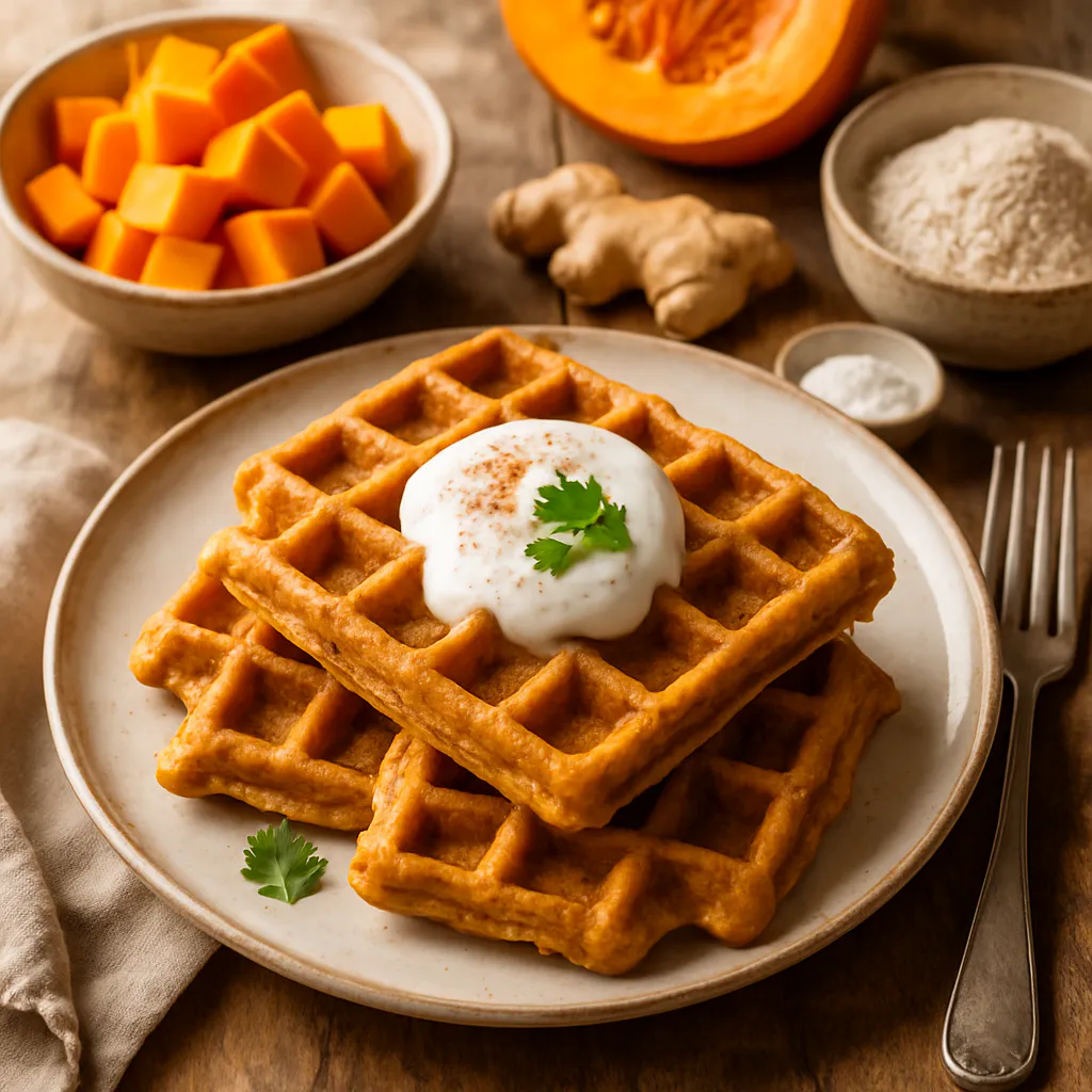 Milde Kürbis-Ingwer-Waffeln mit Joghurt