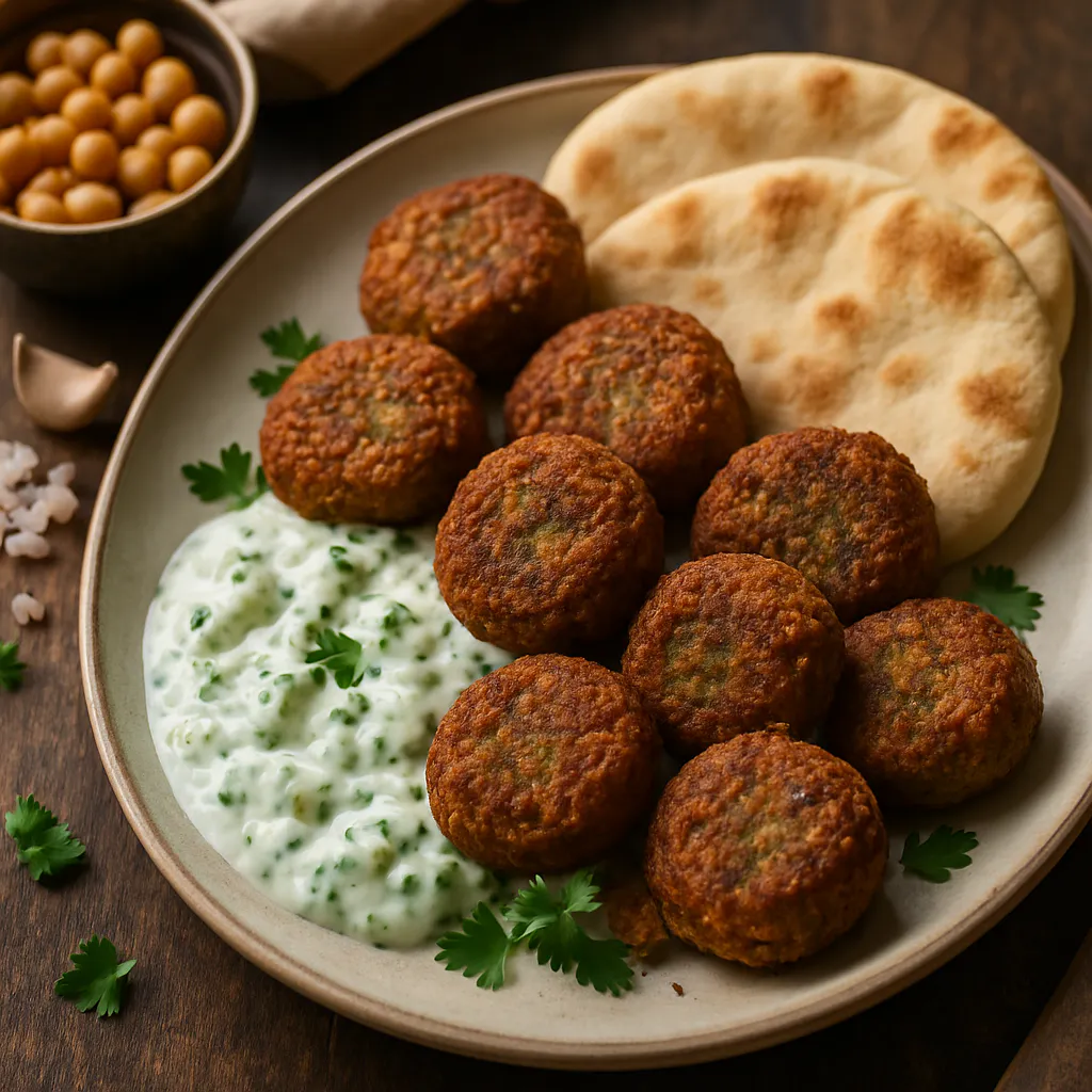 Mini-Falafel-Teller mit Gurken-Joghurt-Sauce und Pitabrot