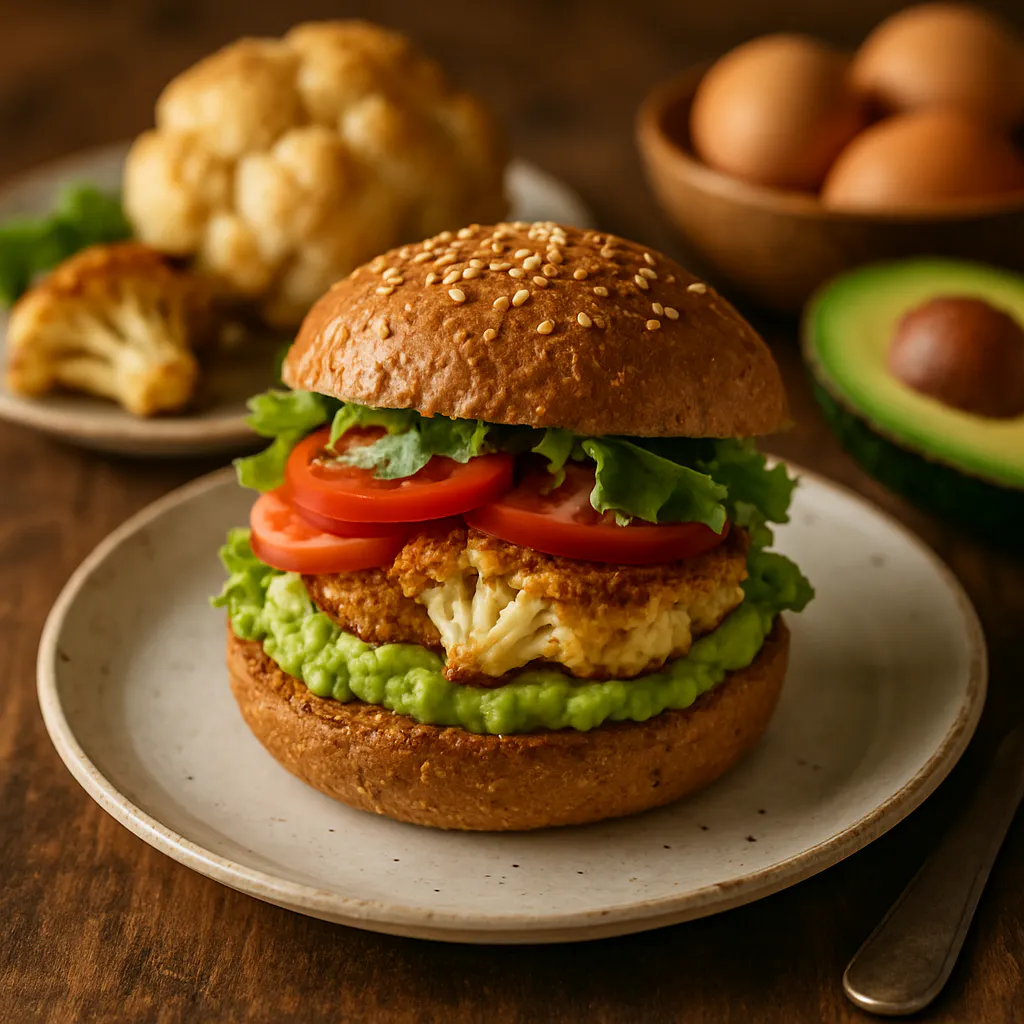 Ofen-Cauliflower-Burger mit Avocado-Creme