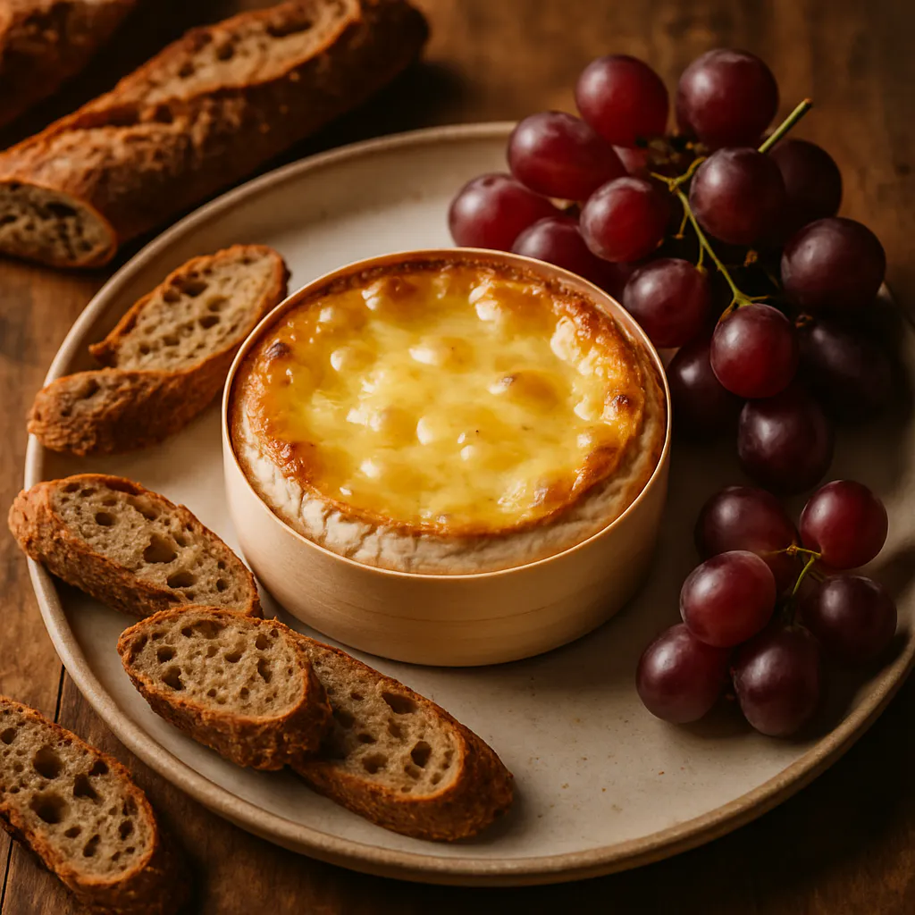 Ofenkäse mit knusprigem Baguette und frischen Trauben