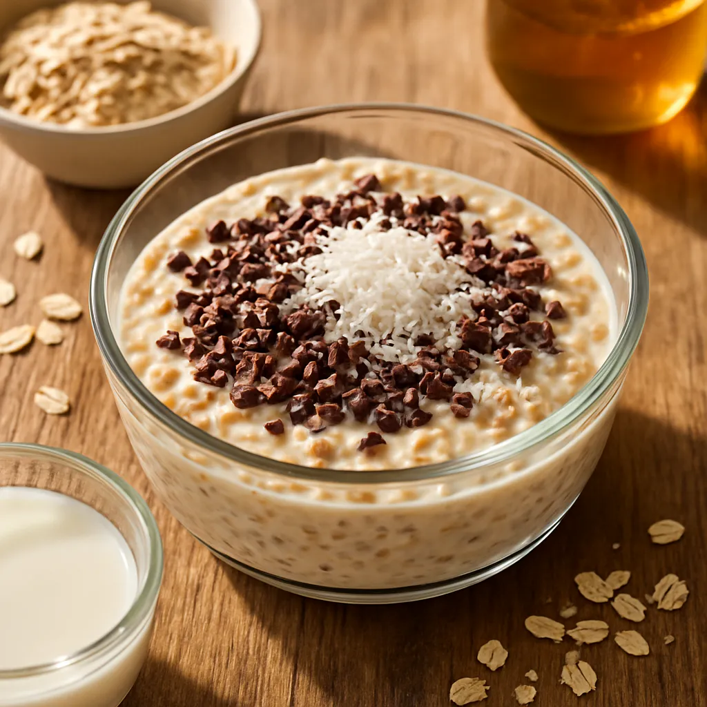 Overnight Oats mit Kakaonibs und Kokosraspeln