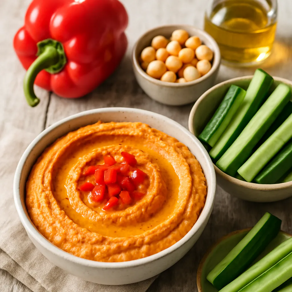 Paprika-Hummus mit Gurkensticks