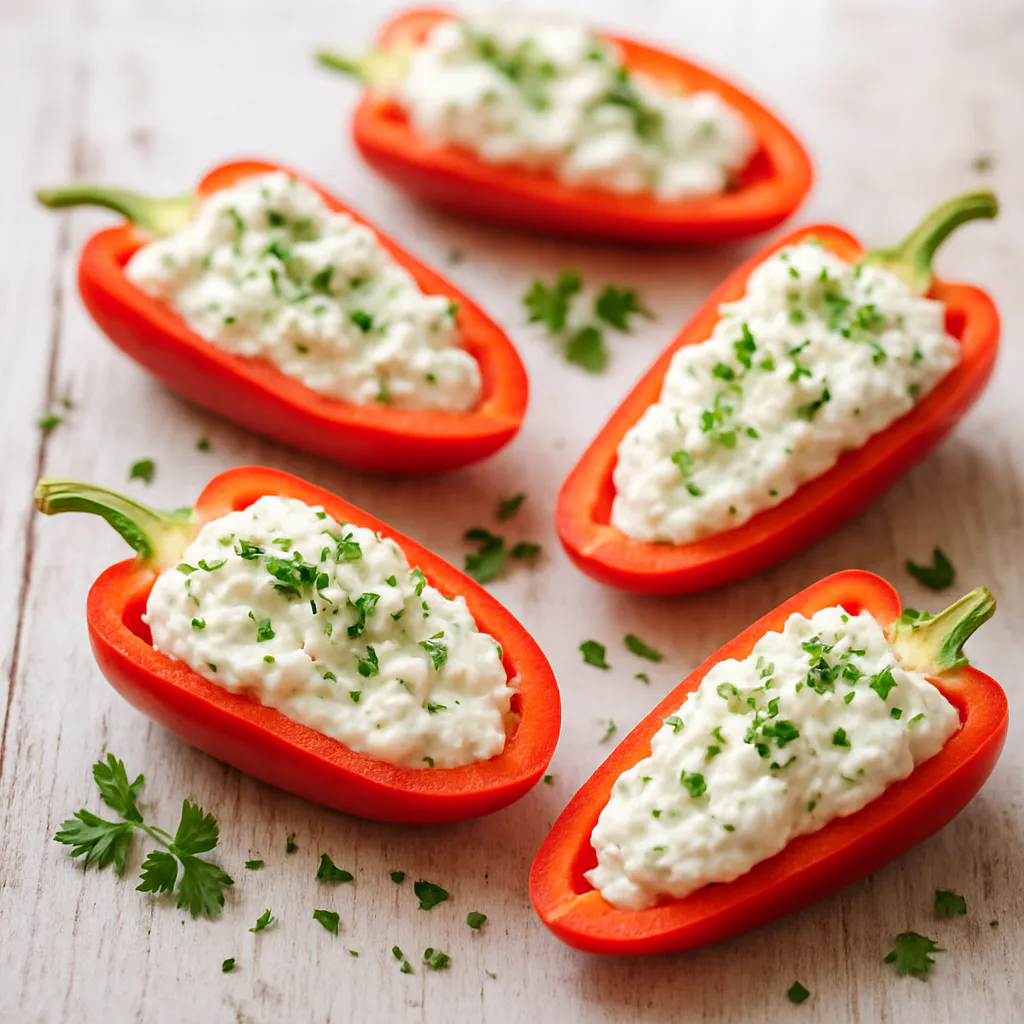 Paprika-Schiffchen gefüllt mit Quark und Kräutern
