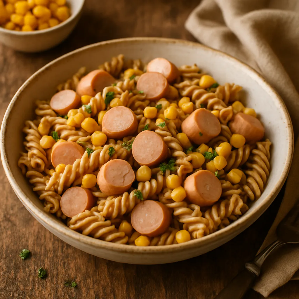 Pasta-Salat mit Mais und Würstchen
