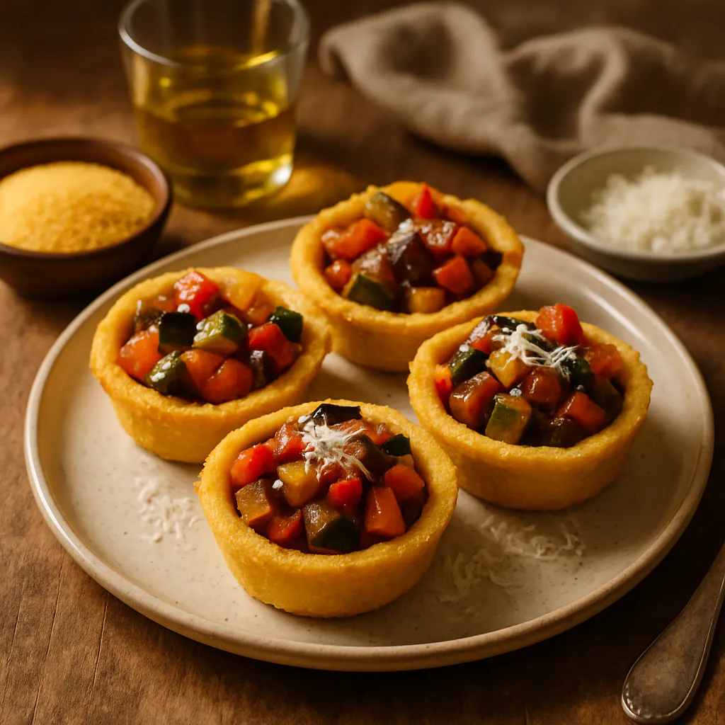 Polenta-Schalen mit Ratatouille und Parmesan
