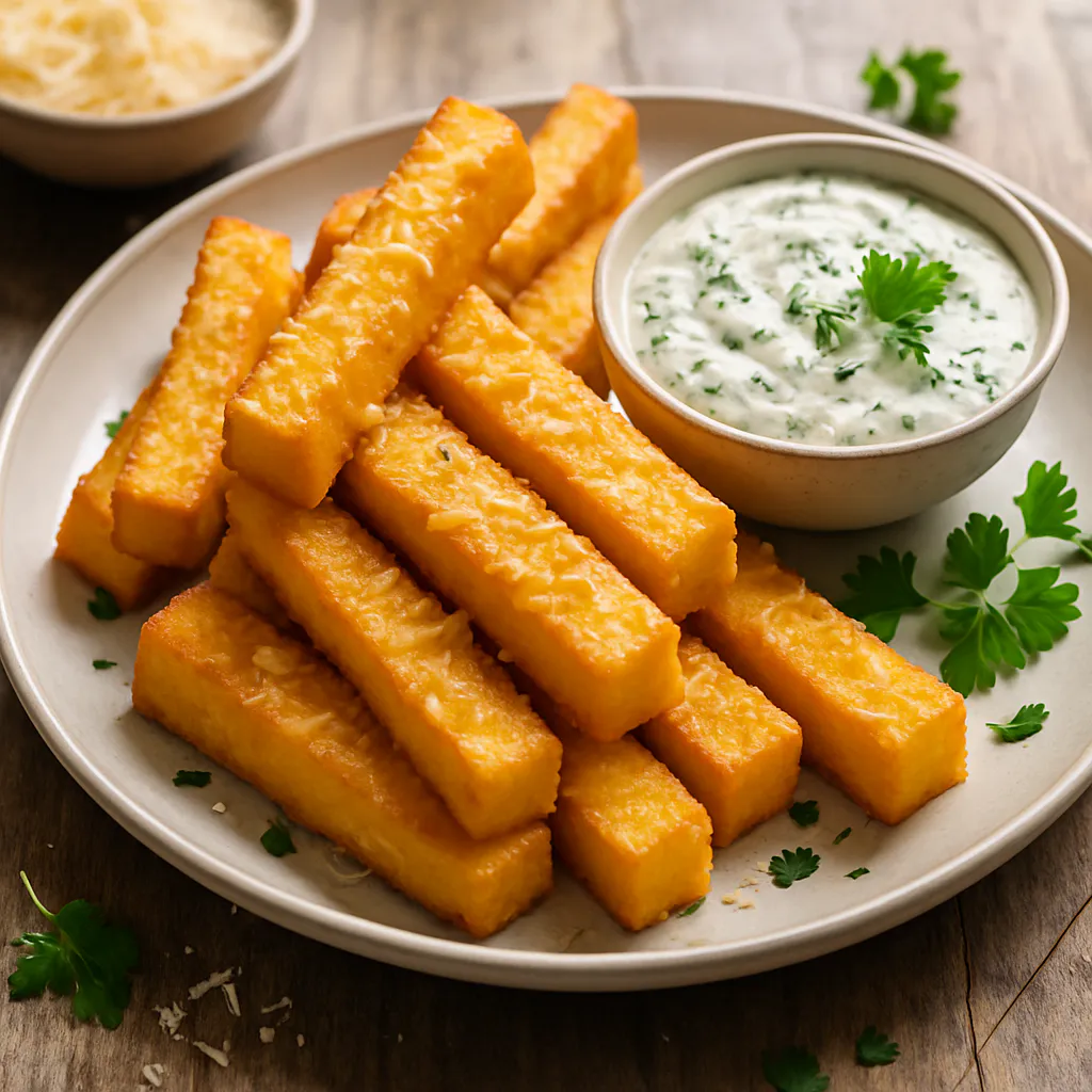 Polenta-Sticks mit mildem Käse und Kräuter-Dip