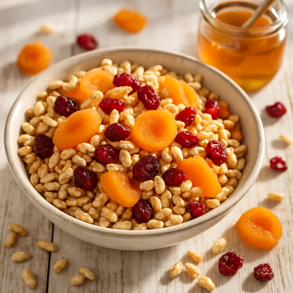Puffed-Rice-Mix mit getrockneten Früchten und Honig