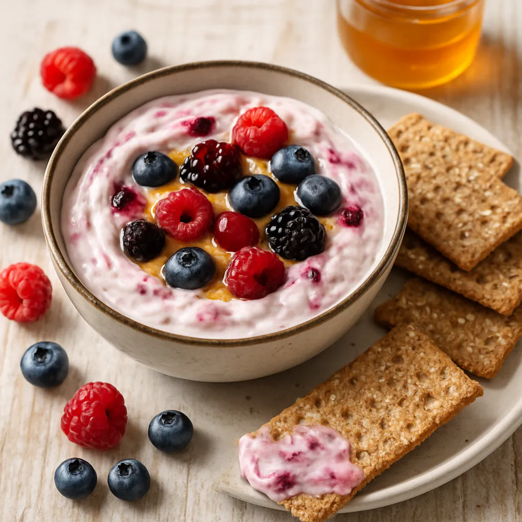 Quark-Beeren-Dip mit Vollkorn-Crackern