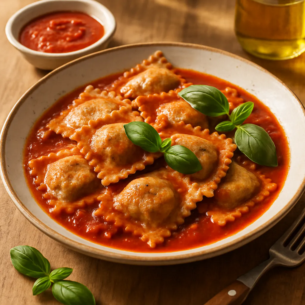 Ravioli mit Ricotta und mildem Käse in Tomatensoße