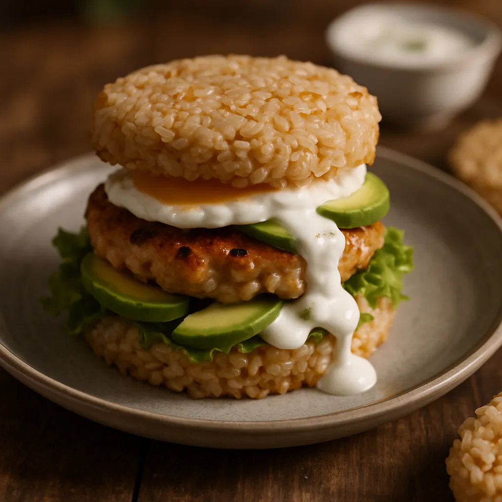 Reis-Burger mit Avocado und Joghurt-Dressing