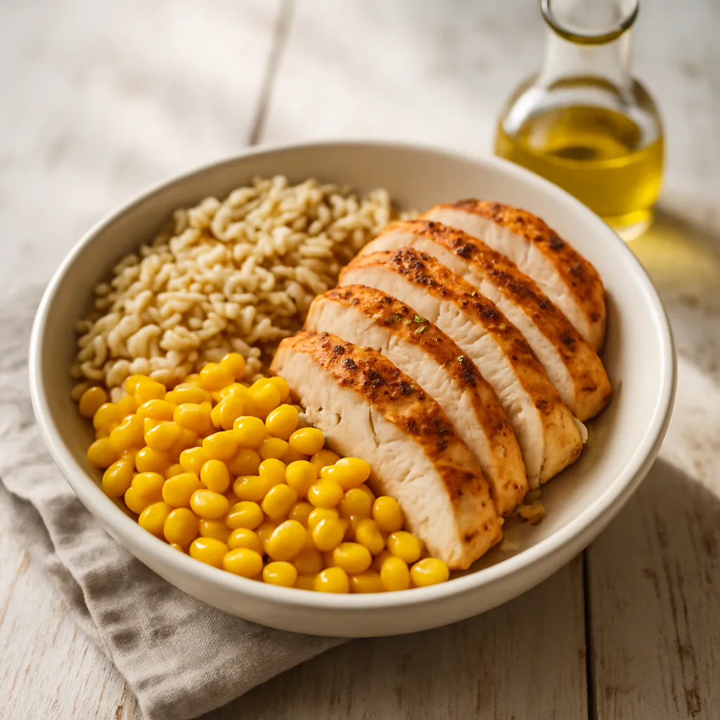 Reisbowl mit Hähnchen und Mais