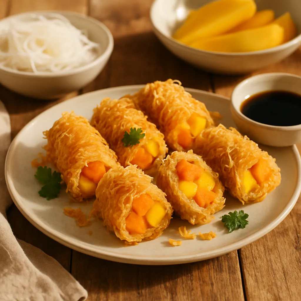 Reisnudel-Tempura-Rollen mit Süßkartoffel und Mango