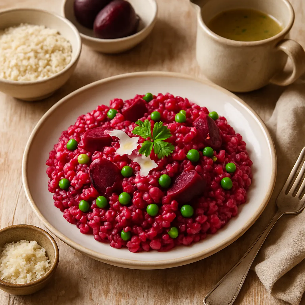 Rote-Bete-Risotto mit Parmesan und Erbsen