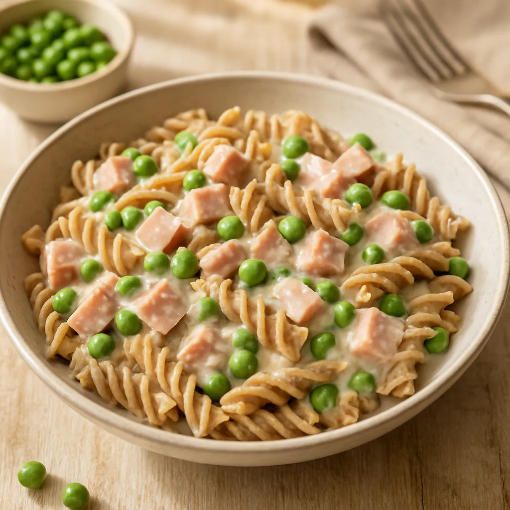 Schinkennudeln mit Erbsen und Sahnesauce
