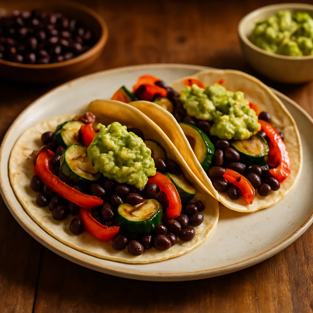 Schwarze-Bohnen-Tacos mit gegrilltem Gemüse und Guacamole