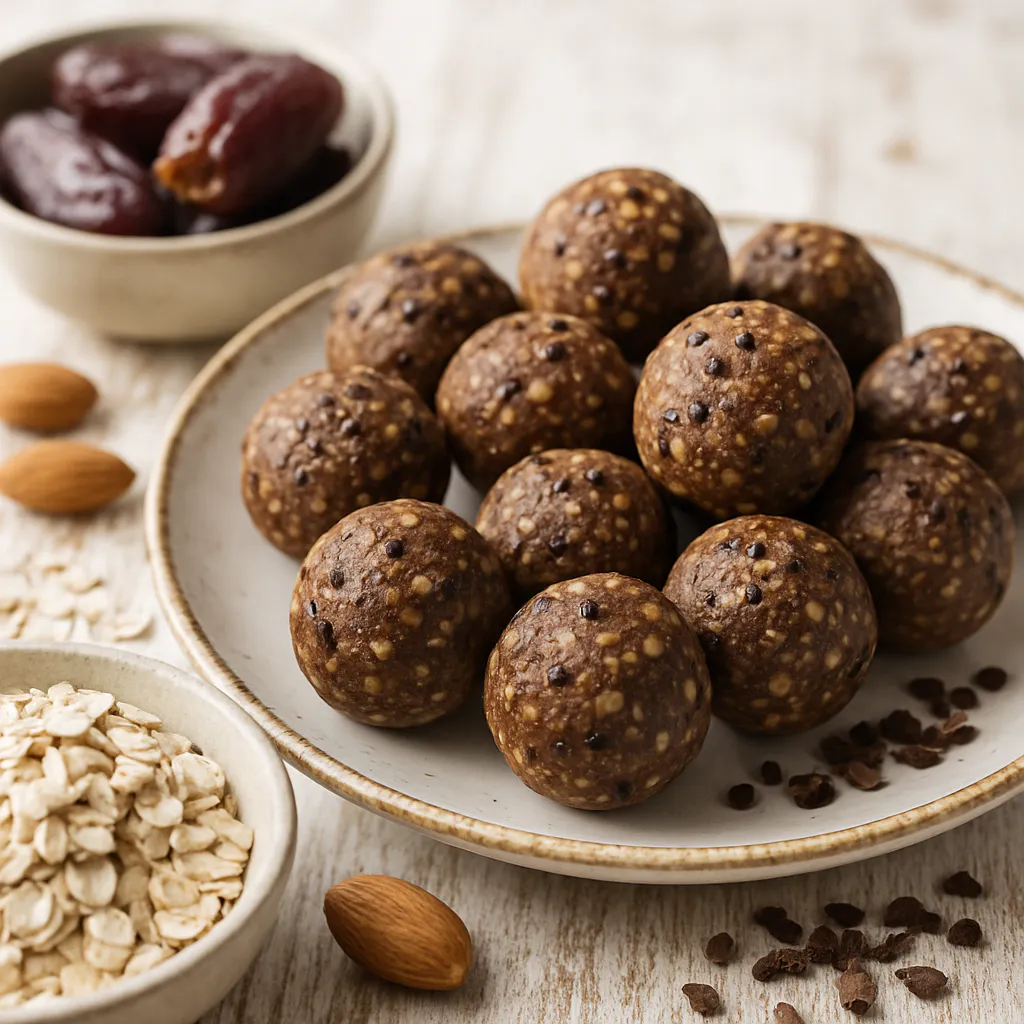 Snack-Balls aus Datteln und Hafer mit Kakaonibs