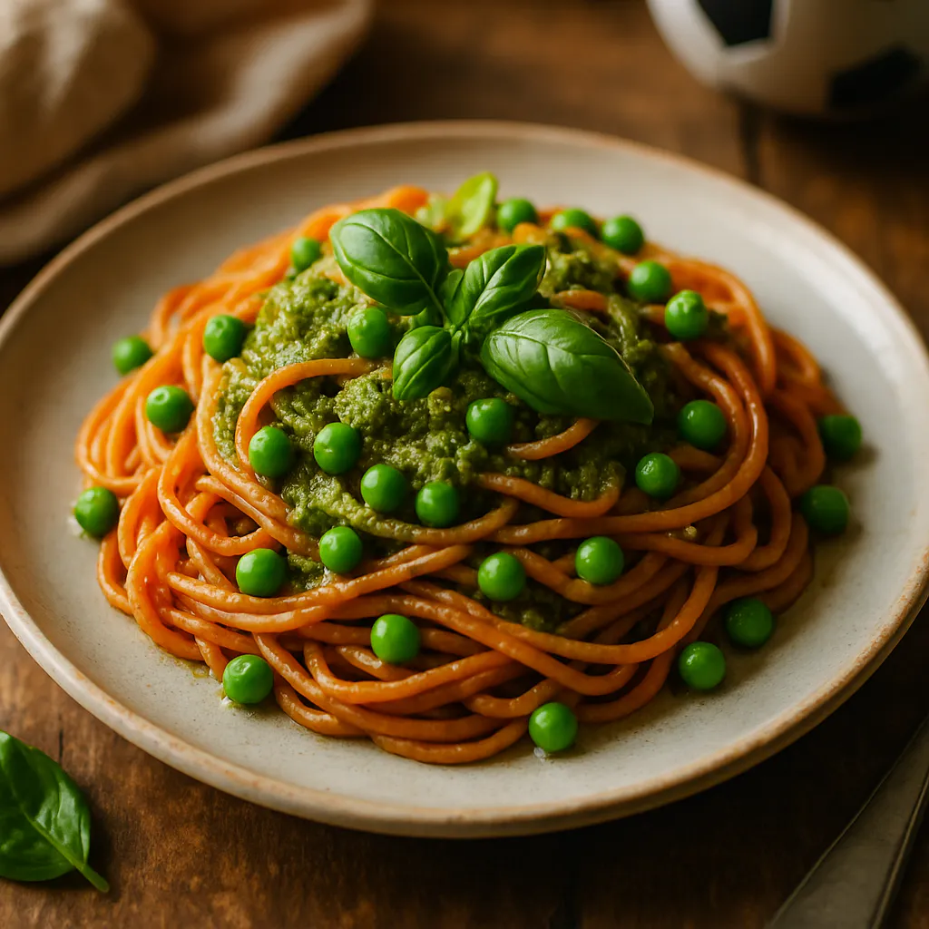 Spaghetti aus roten Linsen mit Pesto und Erbsen