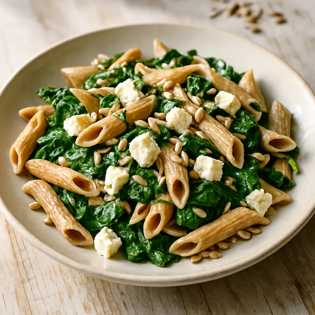Spinat-Feta-Pasta mit Sonnenblumenkernen