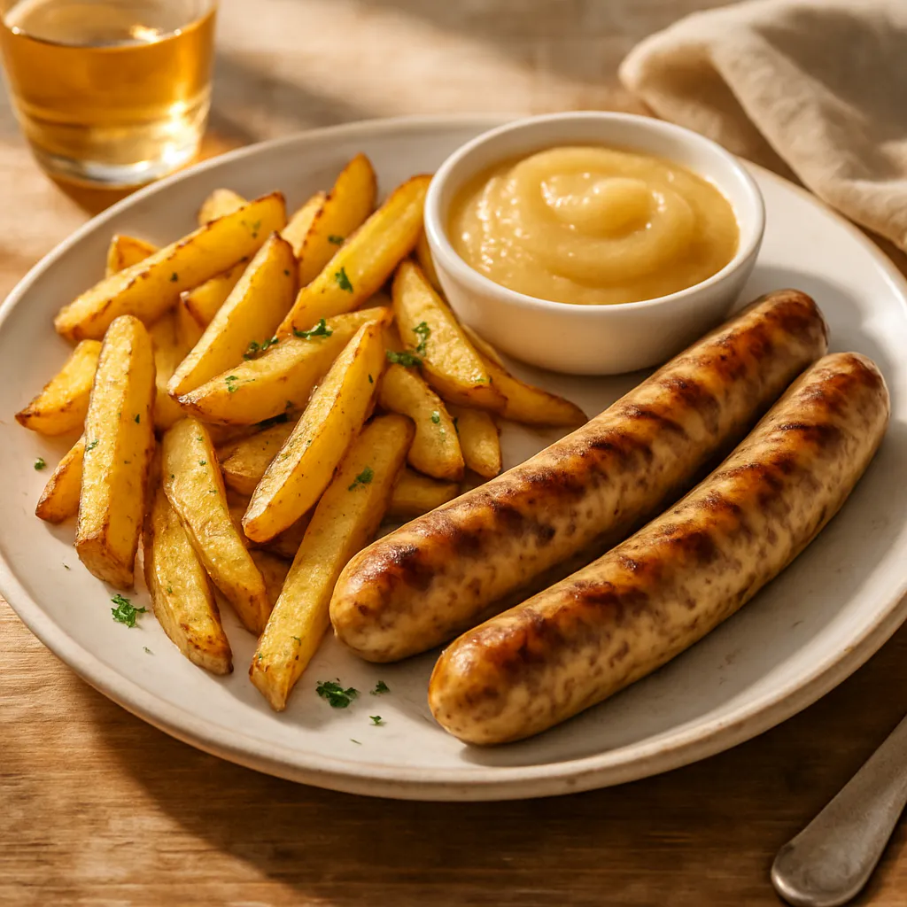 Sportliche Bratwurst mit Ofenpommes und Apfelmus