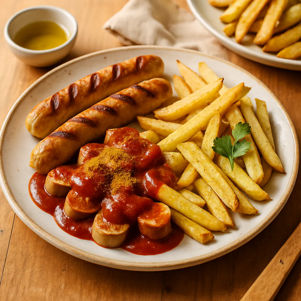 Sportliche Currywurst mit Pommes vom Blech