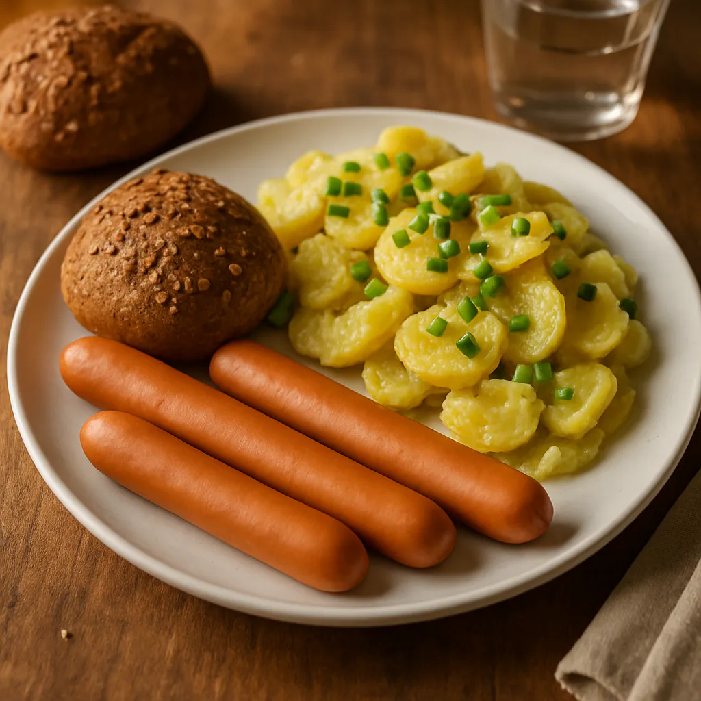 Sportliche Würstchen mit Vollkornbrötchen und Kartoffelsalat