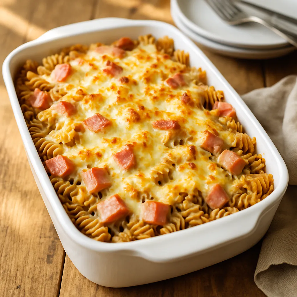 Sportlicher Nudelauflauf mit Schinken und Käse