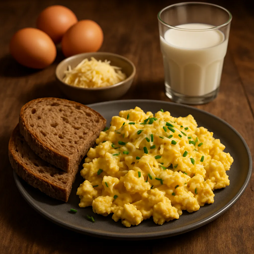 Sportliches Rührei mit Käse und Vollkornbrot