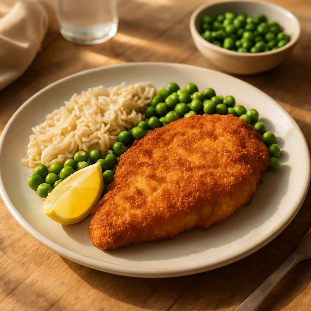 Sportliches Schnitzel mit Reis und Erbsen