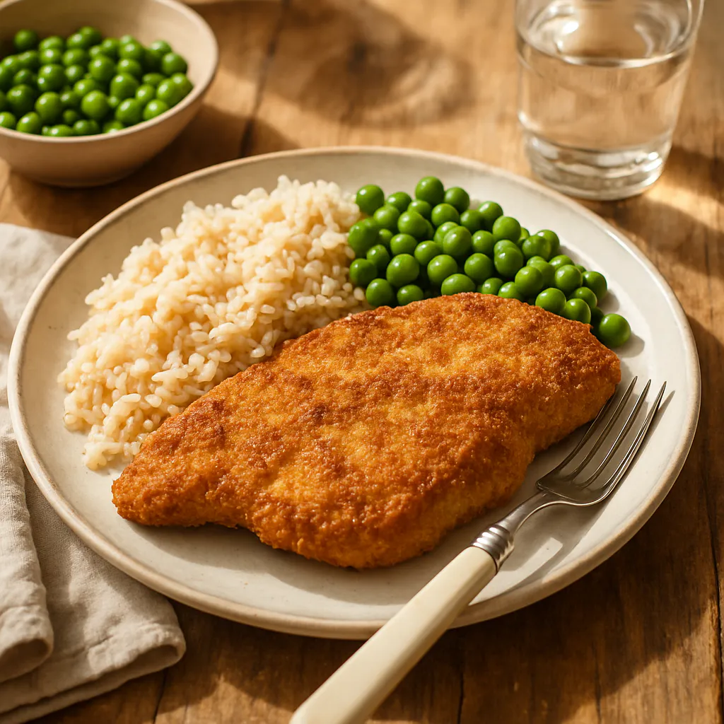 Sportliches Schnitzel mit Reis und Erbsen