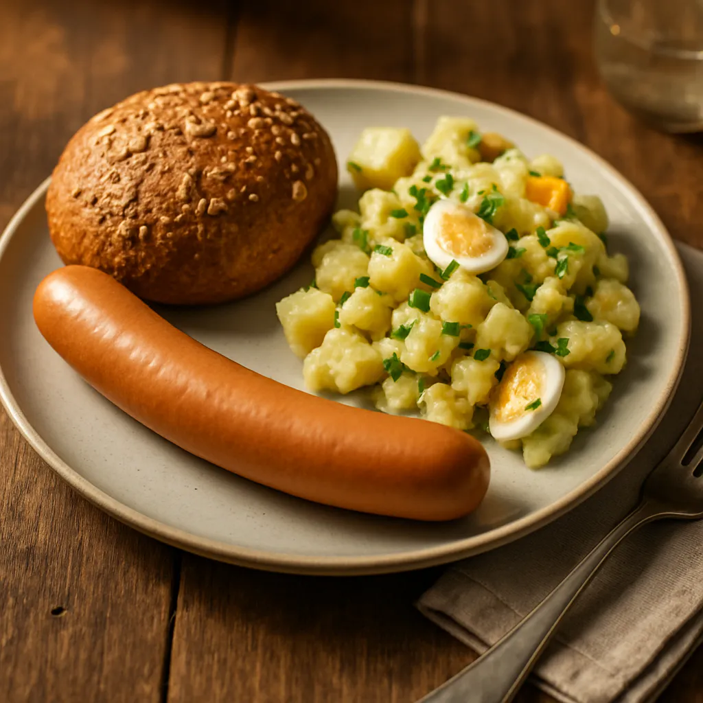 Sportliches Würstchen mit Brötchen und Kartoffelsalat