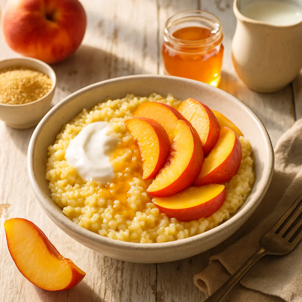 Süßes Hirse-Porridge mit Pfirsichen und Joghurt