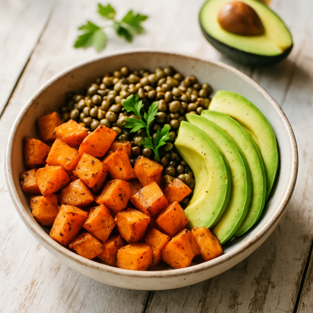 Süßkartoffel-Bowl mit Linsen und Avocado